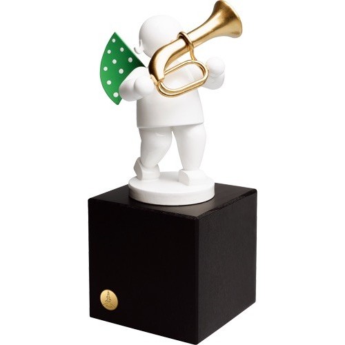 Grünhainichen White Timbre Angel with Tuba, medium pedestal